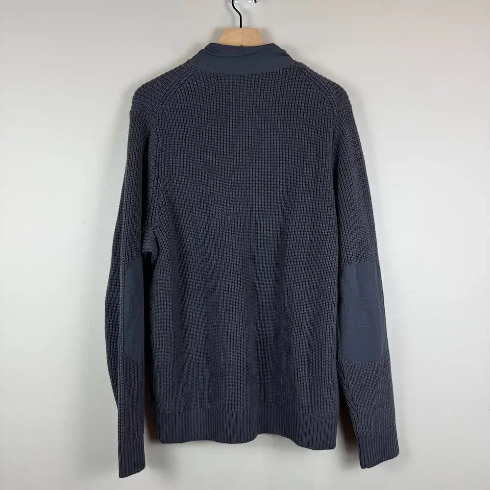 Duluth Trading Co Sweater Mens Large Blue Knit Ribbed Brigadier Button Mock Neck
